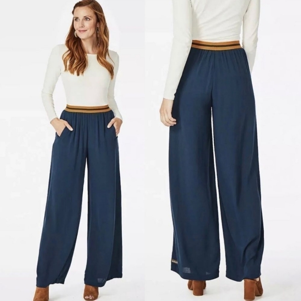NWT Matilda Jane Navy Flowy Pants Gold Elastic Waistband Size Large​​​​​